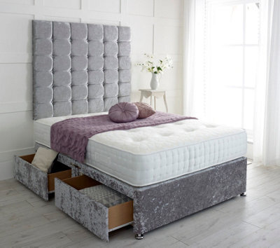 "Adore Designs Cubed Crushed Velvet Divan Bed, With Pocket Mattress & 36"" Headboard - 5Ft Kingsize - Grey - 2 Drawers Same Side"