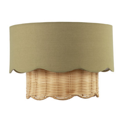 Happy Homewares Dark Olive Linen Fabric And Natural Rattan Scallop Pendant Lamp Shade - image 1