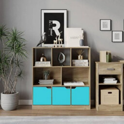 Urbn-Living Urbnliving Asymmetrical 8 Cube Oak Bookcase Freestanding Storage Unit With 3 Plain Doors - Blue - thumbnail 4