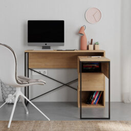 Decortie Modern Badau L-Shaped Computer Desk Oak Black Metal Legs 3 Adjustable Storage Shelf Extra Table 110Cm(W) Work Pc Office - thumbnail 6
