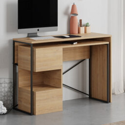 Decortie Modern Badau L-Shaped Computer Desk Oak Black Metal Legs 3 Adjustable Storage Shelf Extra Table 110Cm(W) Work Pc Office - thumbnail 5
