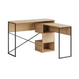 Decortie Modern Badau L-Shaped Computer Desk Oak Black Metal Legs 3 Adjustable Storage Shelf Extra Table 110Cm(W) Work Pc Office - thumbnail 2