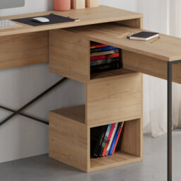 Decortie Modern Badau L-Shaped Computer Desk Oak Black Metal Legs 3 Adjustable Storage Shelf Extra Table 110Cm(W) Work Pc Office - thumbnail 7