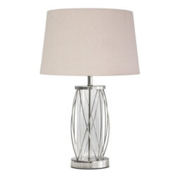 Lighting Supermarket Ashleigh Silver Clear Glass Cylinder Lantern Table Lamp With Natural Linen Shade - thumbnail 1