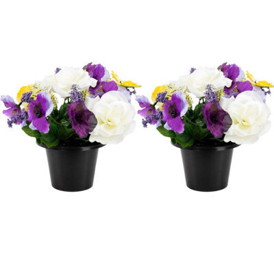 Urbn-Living Purple Pansy & Rose Set Of 2 Artificial Silk Flower Grave Pot Memorial Arrangement Graveside Cemetery - image 1