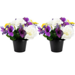 Urbn-Living Purple Pansy & Rose Set Of 2 Artificial Silk Flower Grave Pot Memorial Arrangement Graveside Cemetery