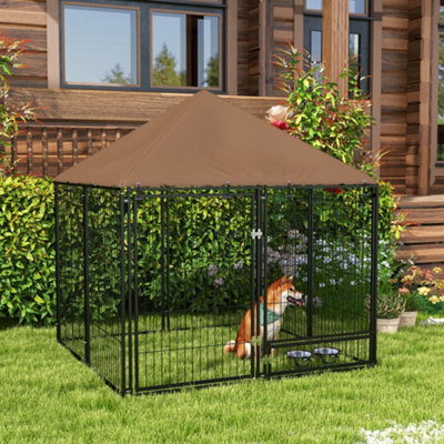 Pawhut Outdoor Dog House Kennel With Canopy Top & Lock Rotating Bowl Holder - image 1