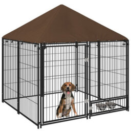 Pawhut Outdoor Dog House Kennel With Canopy Top & Lock Rotating Bowl Holder - thumbnail 2