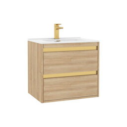 Royal Bathrooms Orion 600mm Natural Oak 2 Drawer Wall Hung Vanity Unit With Ceramic Basin & Brushed Brass Strip - thumbnail 7