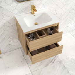 Royal Bathrooms Orion 600mm Natural Oak 2 Drawer Wall Hung Vanity Unit With Ceramic Basin & Brushed Brass Strip - thumbnail 4