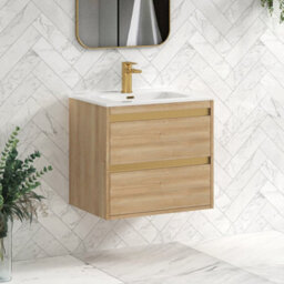 Royal Bathrooms Orion 600mm Natural Oak 2 Drawer Wall Hung Vanity Unit With Ceramic Basin & Brushed Brass Strip - thumbnail 5