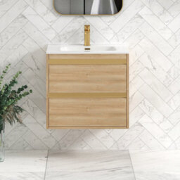 Royal Bathrooms Orion 600mm Natural Oak 2 Drawer Wall Hung Vanity Unit With Ceramic Basin & Brushed Brass Strip