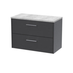 Hudson Reed Juno Wall Hung 2 Soft Close Drawer Vanity Unit With Laminate Top In Graphite Grey Woodgrain Finish, 800mm - thumbnail 1