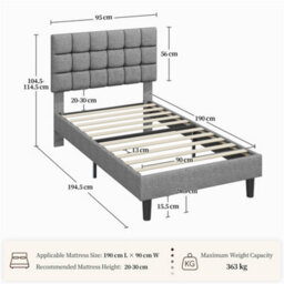 Yaheetech 90 X 190 Cm Single Upholstered Bed Frame, Modern Platform Bed Frame, Light Grey - thumbnail 3