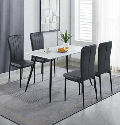 Hallowood Furniture Cullompton Dining Set, White Marble Effect Rectangular Dining Table 120Cm With 4 Black Faux Leather Chairs - image 1