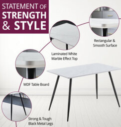 Hallowood Furniture Cullompton Dining Set, White Marble Effect Rectangular Dining Table 120Cm With 4 Black Faux Leather Chairs - thumbnail 4