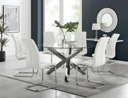Furniturebox Uk Vogue Large Round Chrome Metal Clear Glass Dining Table And 6 White Murano Dining Chairs Set - thumbnail 1