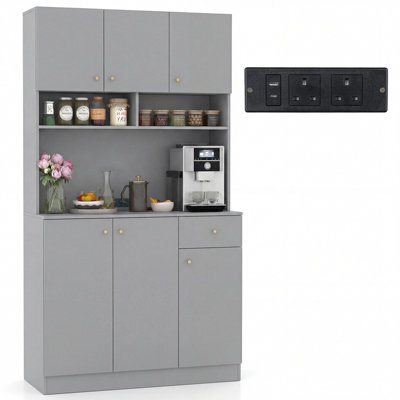 Costway 180Cm Tall Pantry Cabinet With Hutch Kitchen Buffet Cupboard With Outlets-Grey - image 1