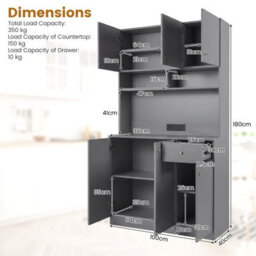 Costway 180Cm Tall Pantry Cabinet With Hutch Kitchen Buffet Cupboard With Outlets-Grey - thumbnail 2