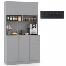 Costway 180Cm Tall Pantry Cabinet With Hutch Kitchen Buffet Cupboard With Outlets-Grey