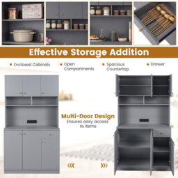 Costway 180Cm Tall Pantry Cabinet With Hutch Kitchen Buffet Cupboard With Outlets-Grey - thumbnail 6