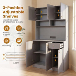 Costway 180Cm Tall Pantry Cabinet With Hutch Kitchen Buffet Cupboard With Outlets-Grey - thumbnail 3