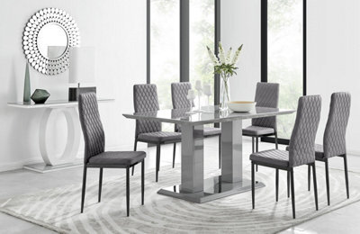 Furniturebox Uk Imperia 6 Grey Dining Table And 6 Grey Velvet Milan Black Leg Chairs - image 1