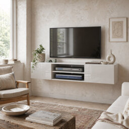 Wyld Haus Lumipa 140Cm High Gloss White Floating Tv Stand With Shelves And Doors For Tvs Up To 60 Inches - thumbnail 1