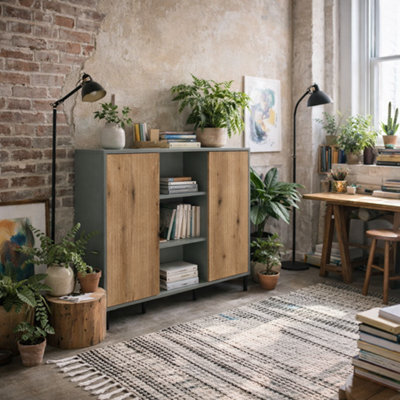 Wyld Haus Spentrup Sideboard, Soft Grey-Green Body With Grooved Oak Sliding Doors And Metal Legs - image 1