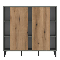 Wyld Haus Spentrup Sideboard, Soft Grey-Green Body With Grooved Oak Sliding Doors And Metal Legs - thumbnail 3