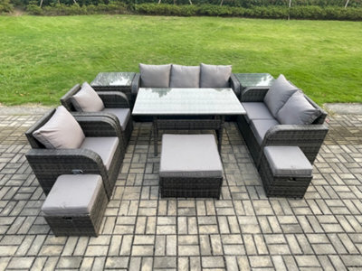 Fimous 10 Seater Garden Rattan Furniture Dining Table Sofa Set Indoor Outdoor With 2 Reclining Chairs 2 Side Tables 3 Footstools - image 1