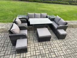 Fimous 10 Seater Garden Rattan Furniture Dining Table Sofa Set Indoor Outdoor With 2 Reclining Chairs 2 Side Tables 3 Footstools - thumbnail 2