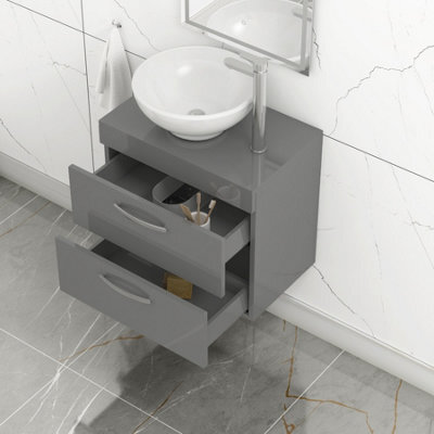 Royal Bathrooms 600mm Wall Hung Vanity Unit 2 Drawer Indigo Grey Gloss & Breeze Countertop Basin - image 1