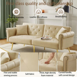 Abrihome Modern 2-Seater Sofa Bed With Gold Legs, 3-Position Adjustable Backrest, Space-Saving Sofa Sleeper For Living Room (Beige) - thumbnail 3