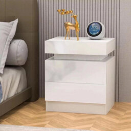 White 2 Drawer Bedside Table Cabinet Led Light Storage - thumbnail 4