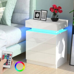 White 2 Drawer Bedside Table Cabinet Led Light Storage - thumbnail 5