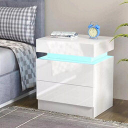 White 2 Drawer Bedside Table Cabinet Led Light Storage - thumbnail 1