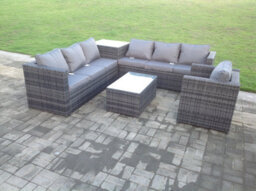 Fimous Grey Rattan Corner Sofa Outdoor Garden Furniture Coffee Table Set Patio With Cushions And Chair Corner Table - thumbnail 3
