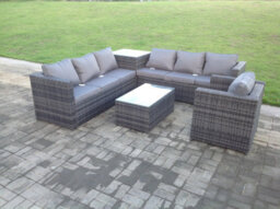 Fimous Grey Rattan Corner Sofa Outdoor Garden Furniture Coffee Table Set Patio With Cushions And Chair Corner Table - thumbnail 2