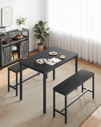 Songmics Dining Table With 2 Benches, Set Of 3, Kitchen Table, 2 Dining Room Benches, Steel Frame, Ash Black And Ink Black - thumbnail 3
