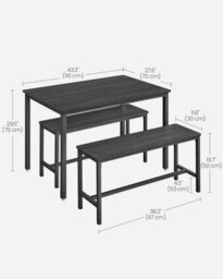 Songmics Dining Table With 2 Benches, Set Of 3, Kitchen Table, 2 Dining Room Benches, Steel Frame, Ash Black And Ink Black - thumbnail 2