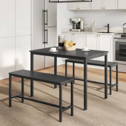 Vasagle Dining Table With 2 Benches, Set Of 3, Kitchen Table, 2 Dining Room Benches, Steel Frame, Ash Black And Ink Black