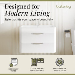 Balterley Aldershawe Modern Bathroom Wall Hung 2 Drawer Vanity Unit Basin, Gloss White, 755mm - thumbnail 2