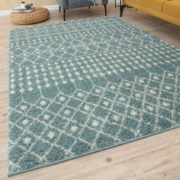 The Rugs Soft Moroccan Diamond Shaggy Rugs And Runners High Pile Duck Egg Blue And Ivory Living Room Kitchen Hallway 1050 - thumbnail 1