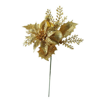 Glitter Poinsettia & Bauble Pick 24Cm 5 Pack - Gold - image 1