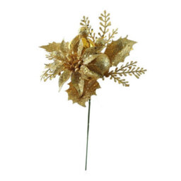 Glitter Poinsettia & Bauble Pick 24Cm 5 Pack - Gold - thumbnail 1