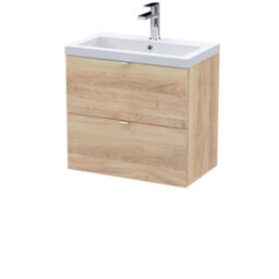 Hudson Reed Fusion Wall Hung 2-Drawer Vanity Unit & Polymarble Basin, Vanity Unit With Basin, Bleached Oak, 600mm - thumbnail 1