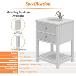 Plum&clay Harper Ribbed White Freestanding Vanity Unit & Basin Set With Chrome Handles (W)600mm - thumbnail 5