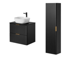 Impact Furniture Bathroom Cabinets Wall Hung Vanity With Basin Countertop 600mm Sink Tall Cabinet Tallboy Black Ribbed Fluted Adel - thumbnail 3