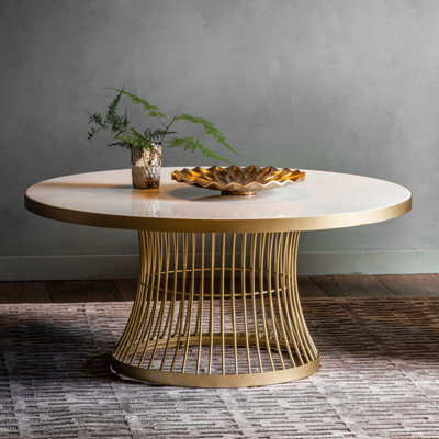 Xample Gallery Pickford Coffee Table - White Marble Top With Champagne Metal Frame, Contemporary Design With Soft Curved Edges, Modern - image 1